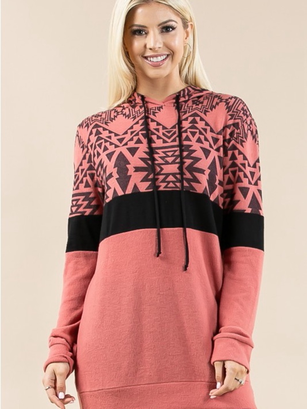 Coral Patterned Aztec Hooded Pullover with Black Band
